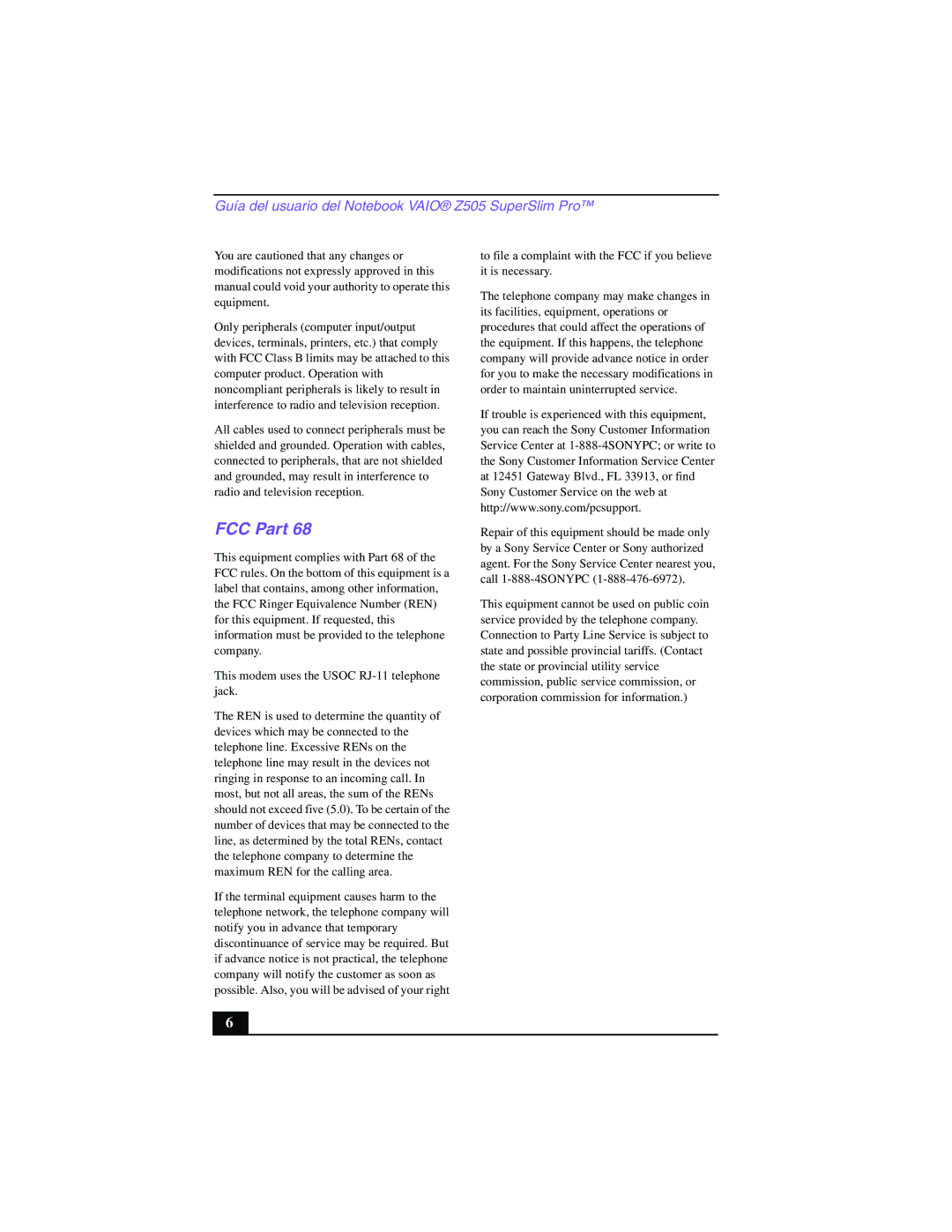 Sony PCG-Z505GE manual FCC Part, This modem uses the Usoc RJ-11 telephone jack 