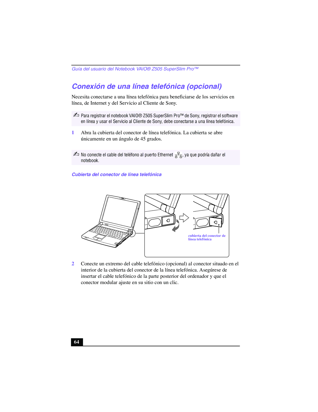 Sony PCG-Z505GE manual Conexión de una línea telefónica opcional, Cubierta del conector de línea telefónica 