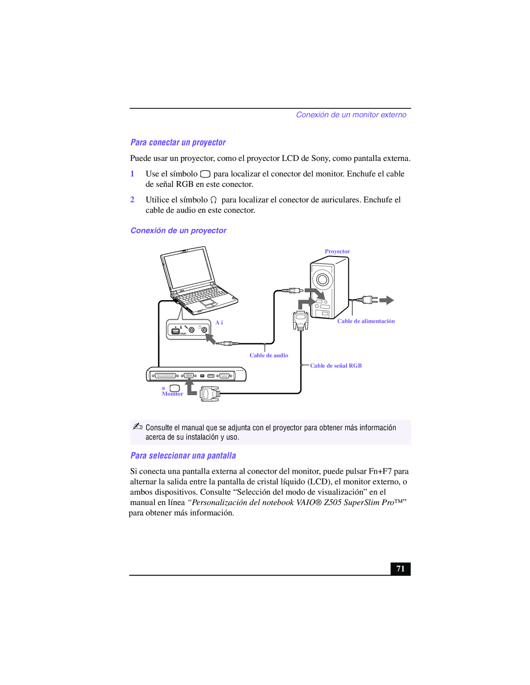 Sony PCG-Z505GE manual Para conectar un proyector, Para seleccionar una pantalla, Conexión de un proyector 