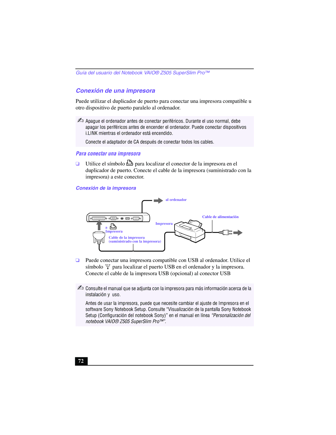 Sony PCG-Z505GE manual Conexión de una impresora, Para conectar una impresora, Conexión de la impresora 