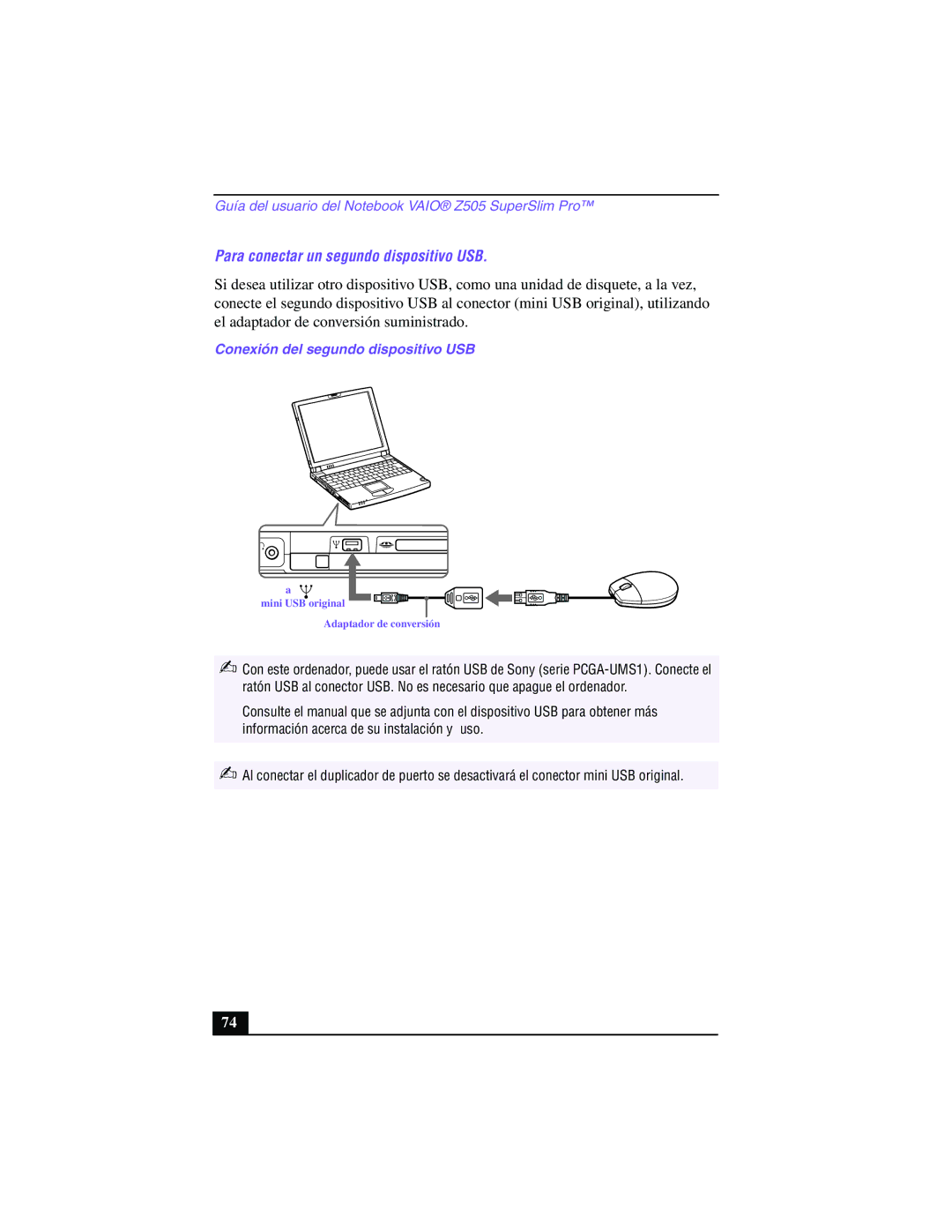 Sony PCG-Z505GE manual Para conectar un segundo dispositivo USB, Conexión del segundo dispositivo USB 