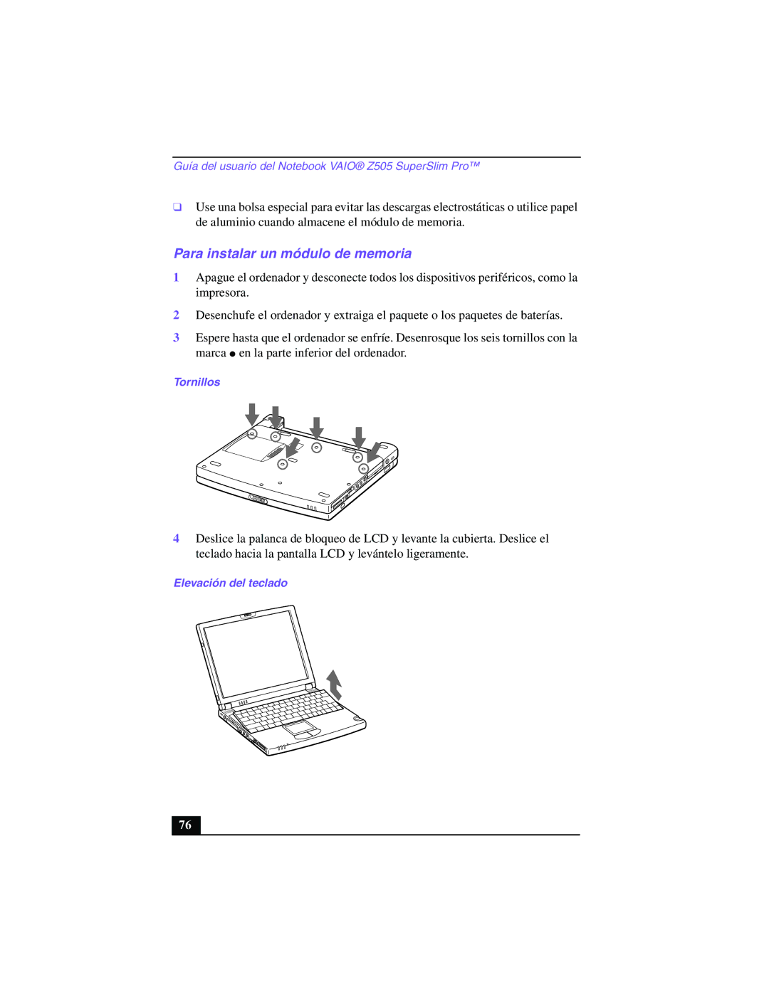 Sony PCG-Z505GE manual Para instalar un módulo de memoria, Tornillos, Elevación del teclado 