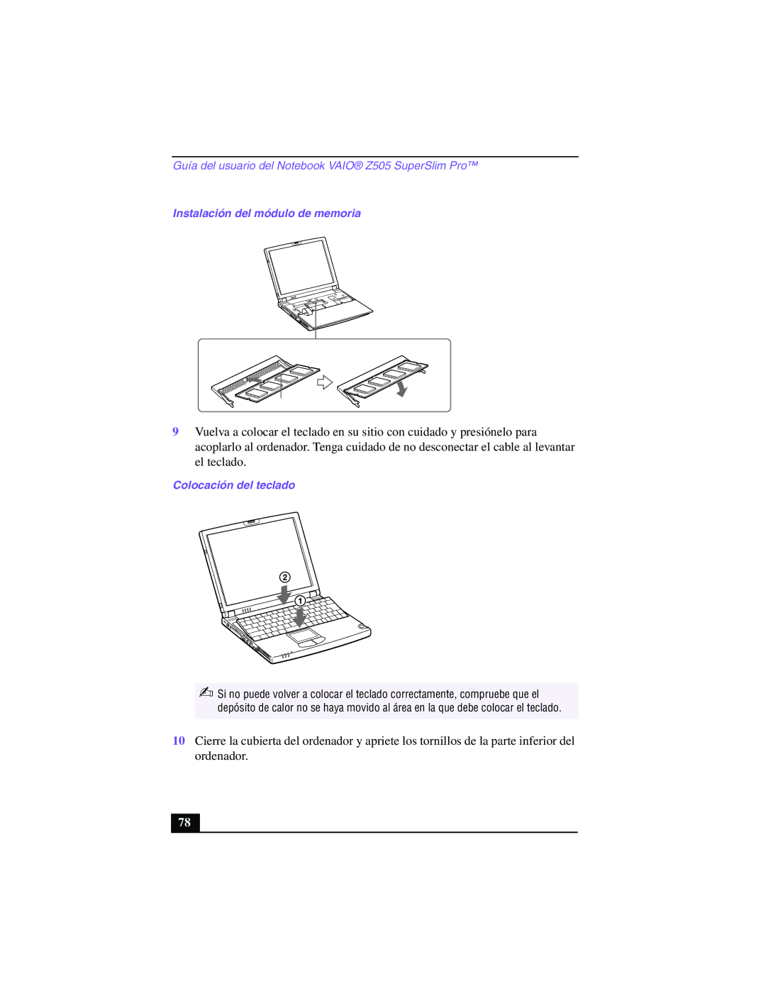 Sony PCG-Z505GE manual Instalación del módulo de memoria, Colocación del teclado 