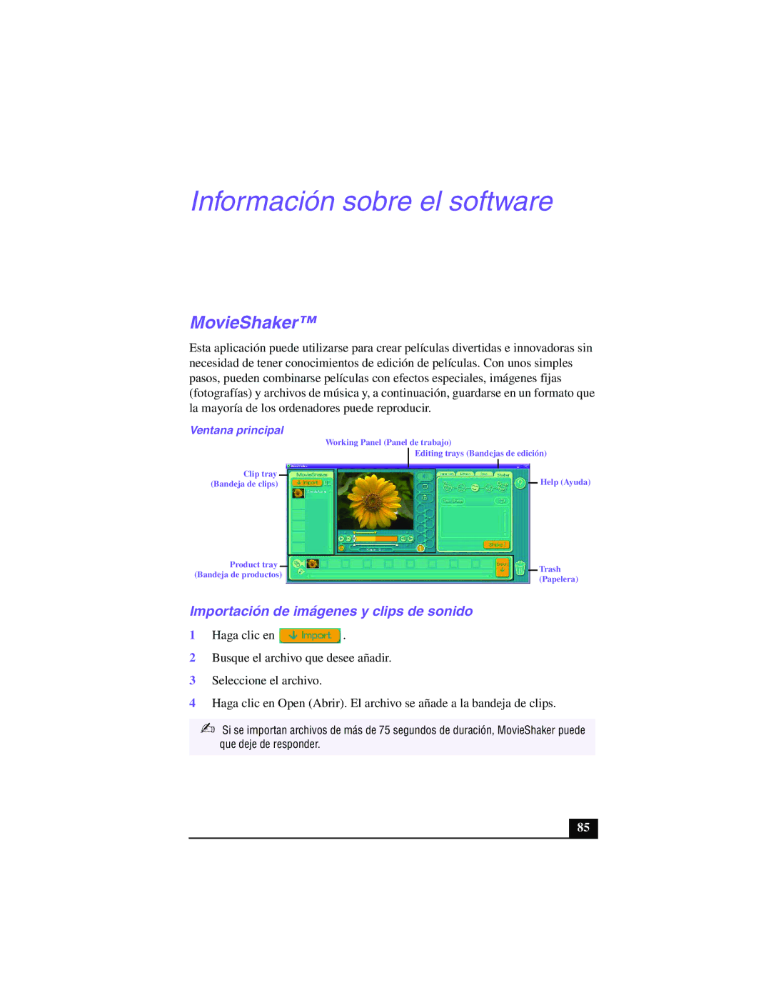 Sony PCG-Z505GE manual MovieShaker, Importación de imágenes y clips de sonido, Ventana principal 