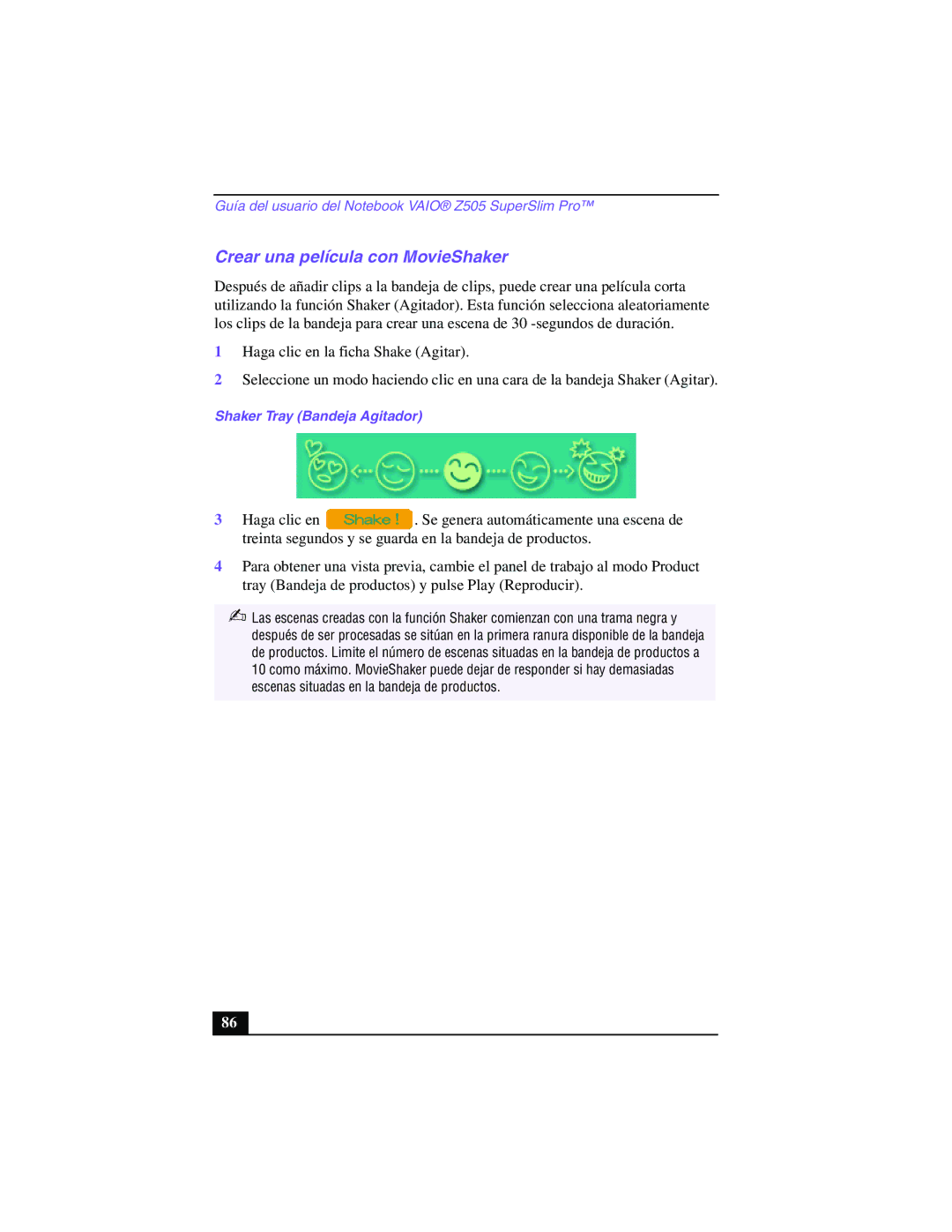 Sony PCG-Z505GE manual Crear una película con MovieShaker, Shaker Tray Bandeja Agitador 