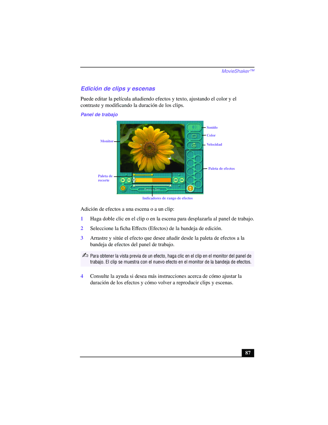 Sony PCG-Z505GE manual Edición de clips y escenas, Panel de trabajo 