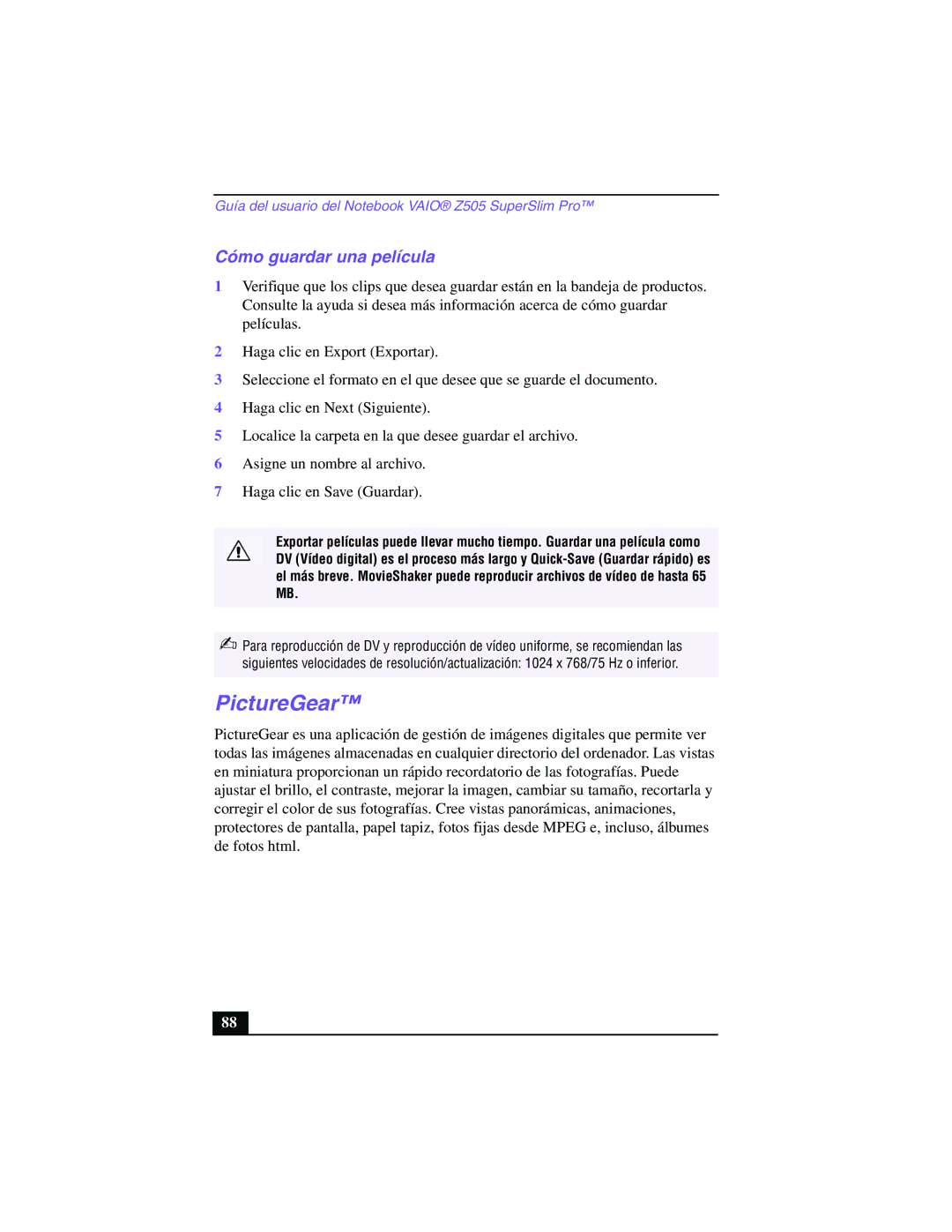 Sony PCG-Z505GE manual PictureGear, Cómo guardar una película 