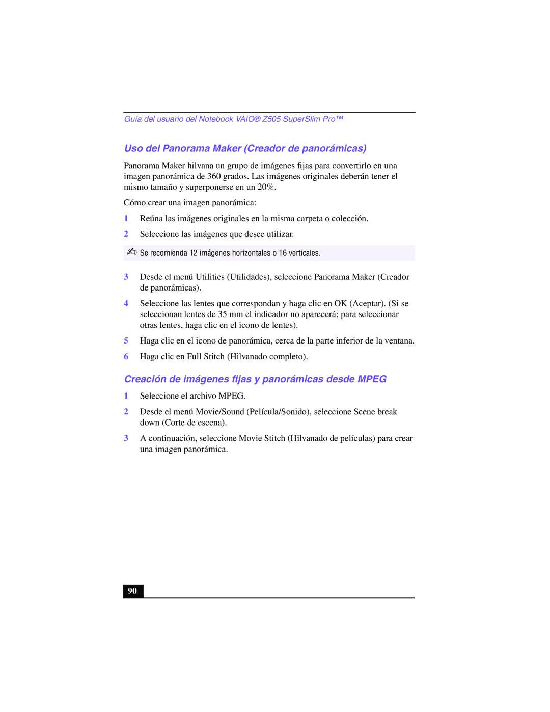 Sony PCG-Z505GE manual Uso del Panorama Maker Creador de panorámicas, Creación de imágenes fijas y panorámicas desde Mpeg 