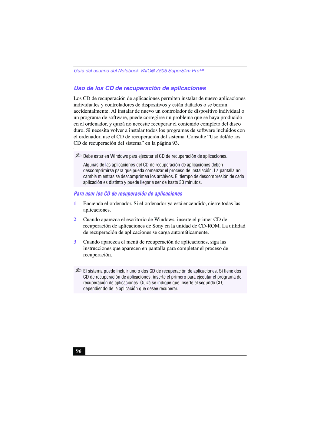 Sony PCG-Z505GE manual Uso de los CD de recuperación de aplicaciones, Para usar los CD de recuperación de aplicaciones 