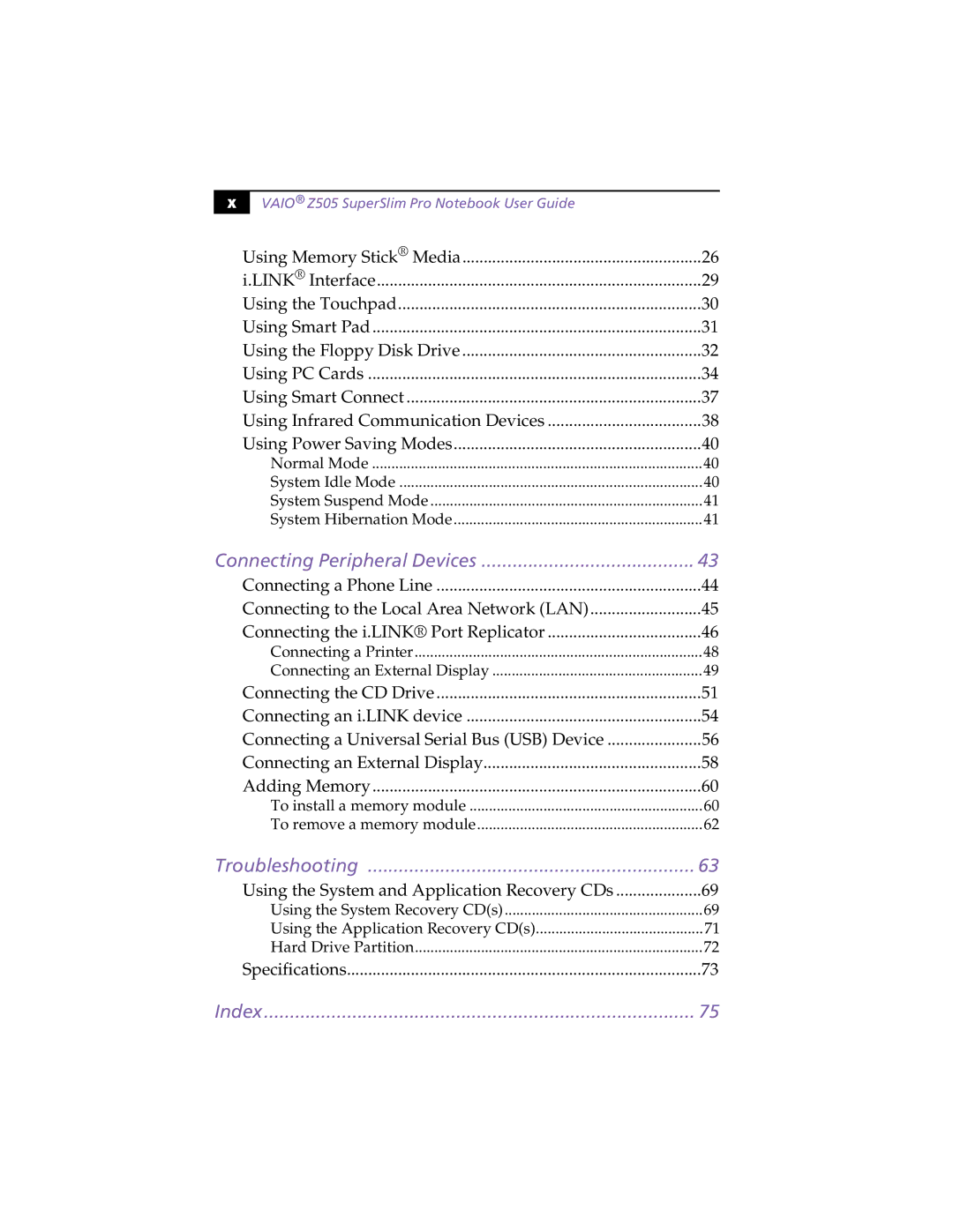 Sony PCG-Z505HE, PCG-Z505HS manual Index 