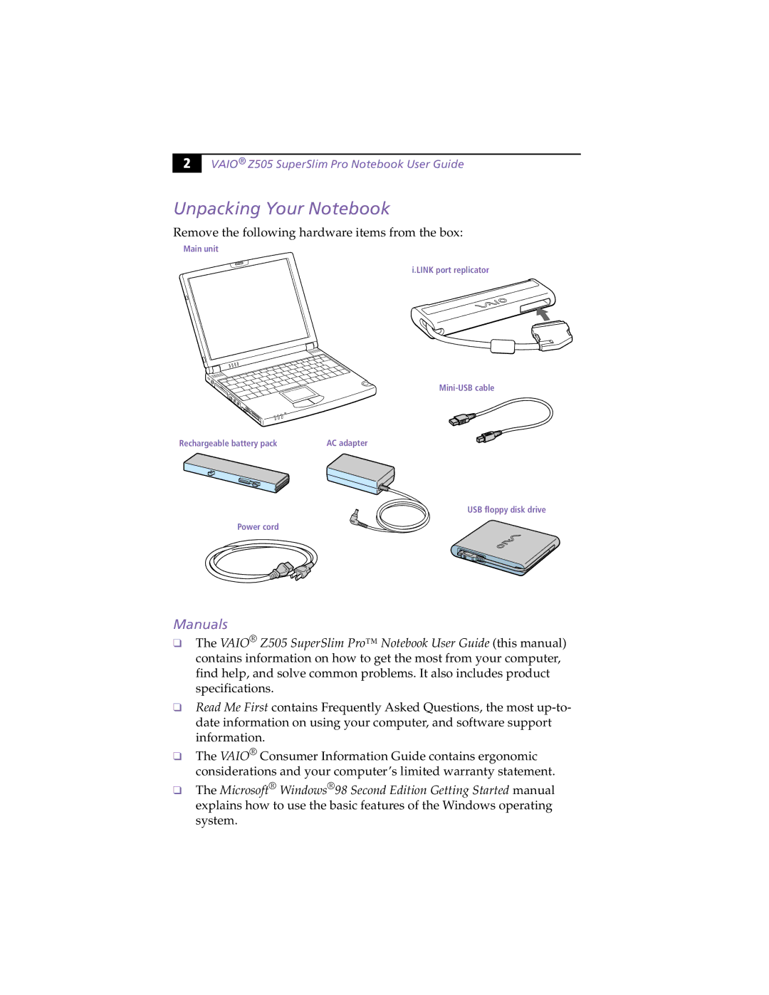 Sony PCG-Z505HE, PCG-Z505HS manual Unpacking Your Notebook, Manuals, Vaio Z505 SuperSlim Pro Notebook User Guide 