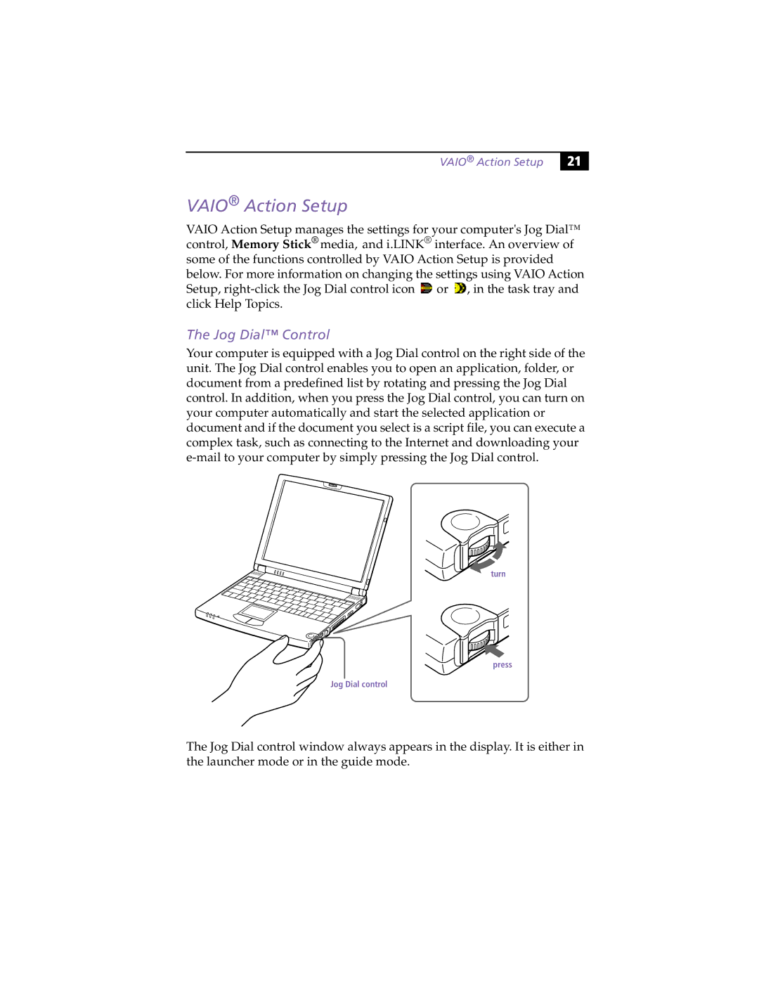 Sony PCG-Z505HE, PCG-Z505HS manual Vaio Action Setup, Jog Dial Control 