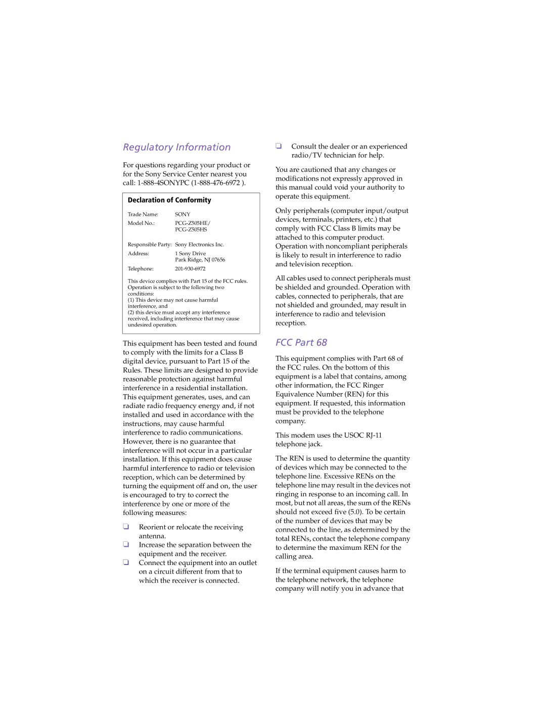 Sony PCG-Z505HE, PCG-Z505HS manual Regulatory Information 