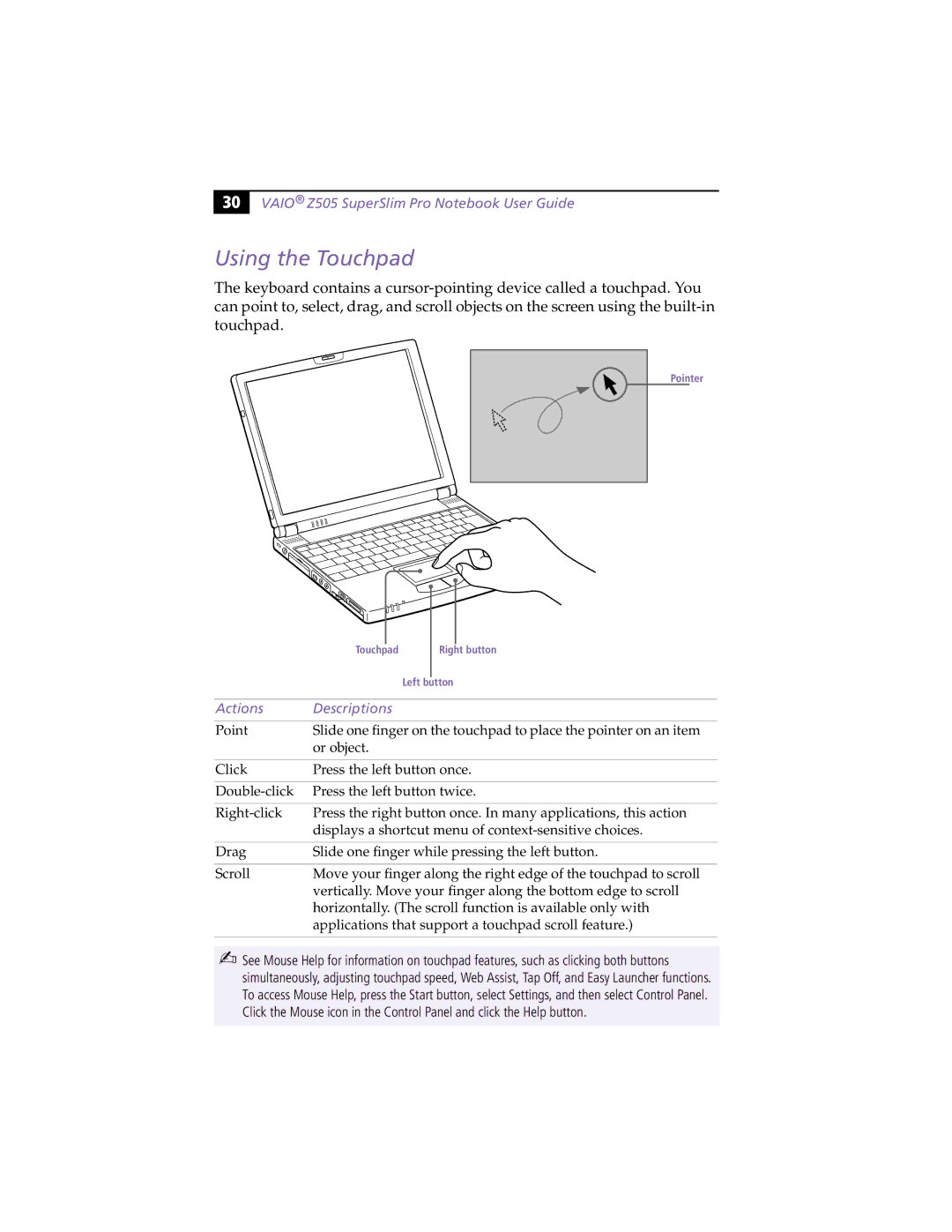 Sony PCG-Z505HE, PCG-Z505HS manual Using the Touchpad, Actions Descriptions 