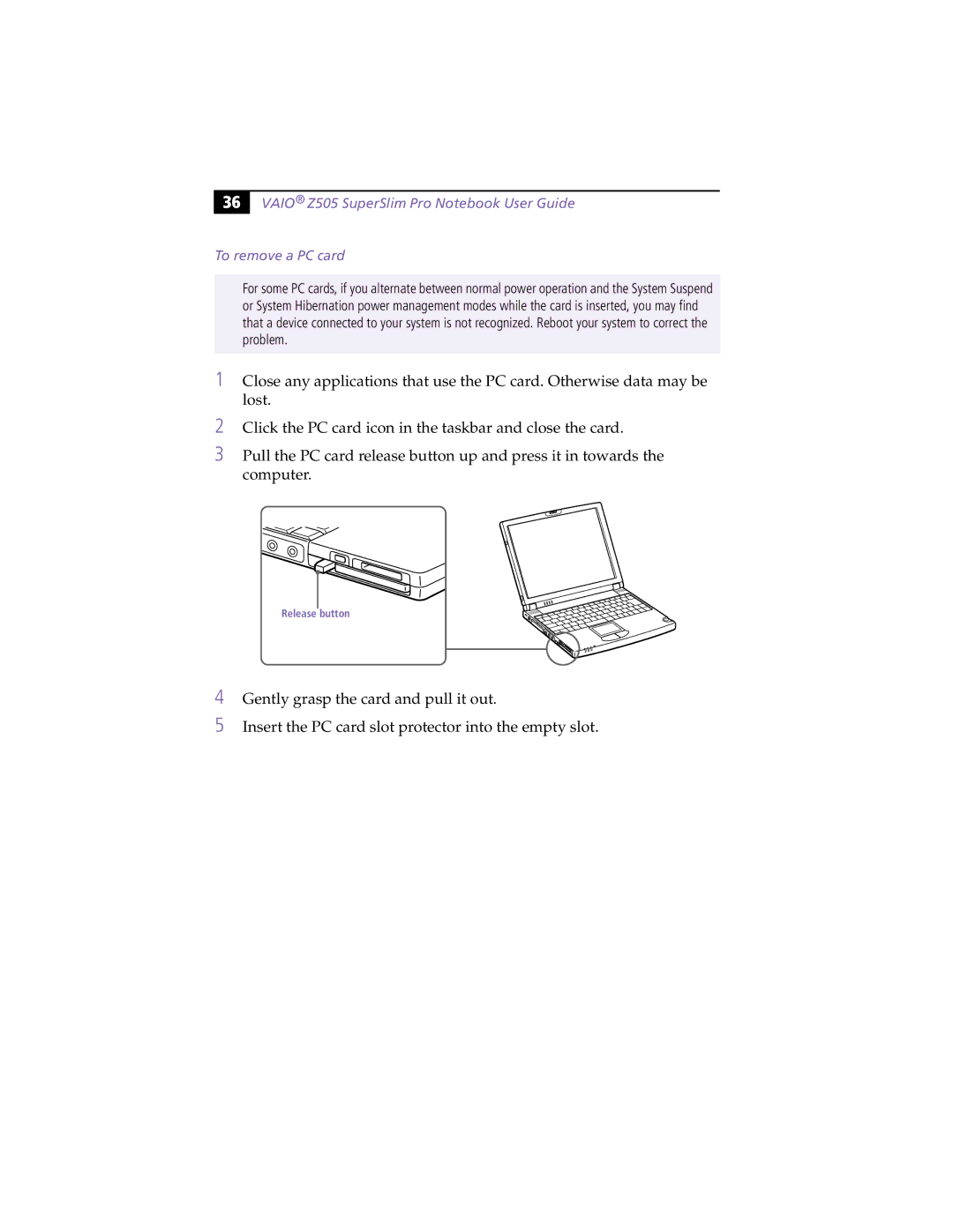 Sony PCG-Z505HE, PCG-Z505HS manual Release button 