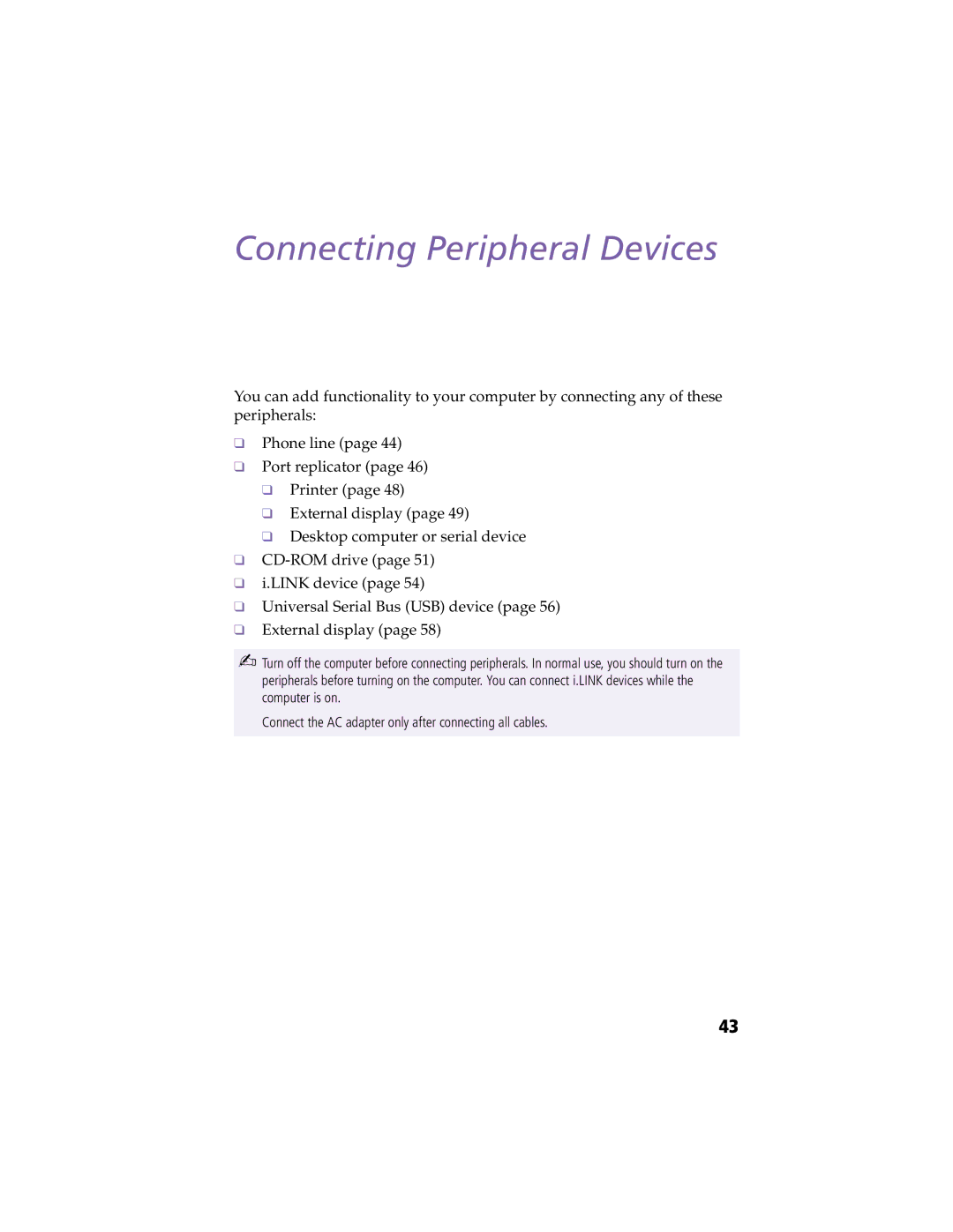 Sony PCG-Z505HE, PCG-Z505HS manual Connecting Peripheral Devices 