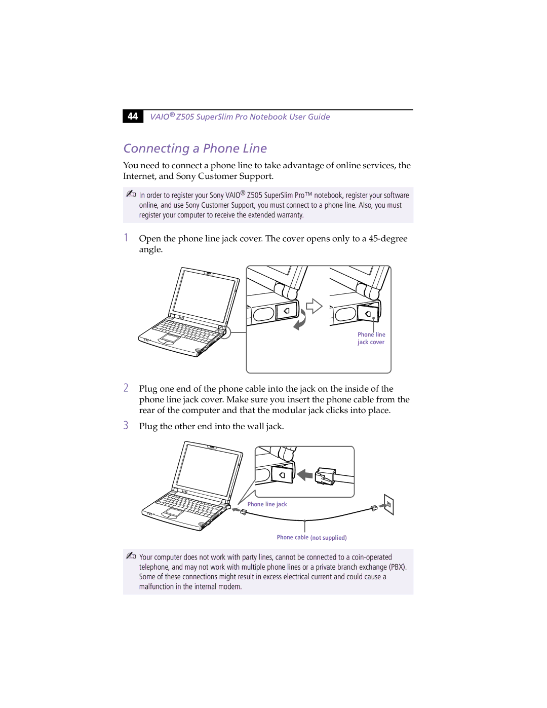 Sony PCG-Z505HE, PCG-Z505HS manual Connecting a Phone Line, Vaio Z505 SuperSlim Pro Notebook User Guide 