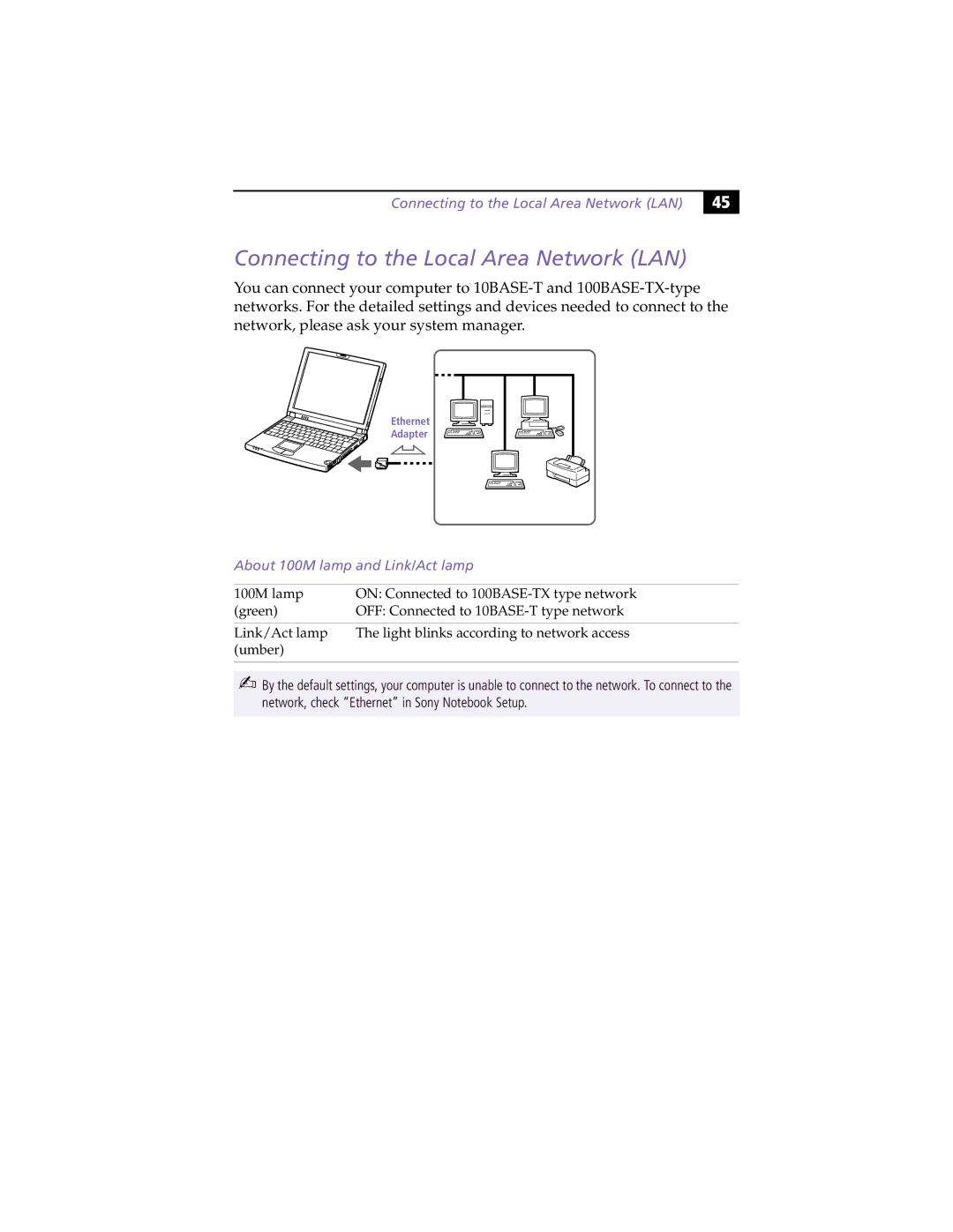 Sony PCG-Z505HE, PCG-Z505HS manual Connecting to the Local Area Network LAN, About 100M lamp and Link/Act lamp 