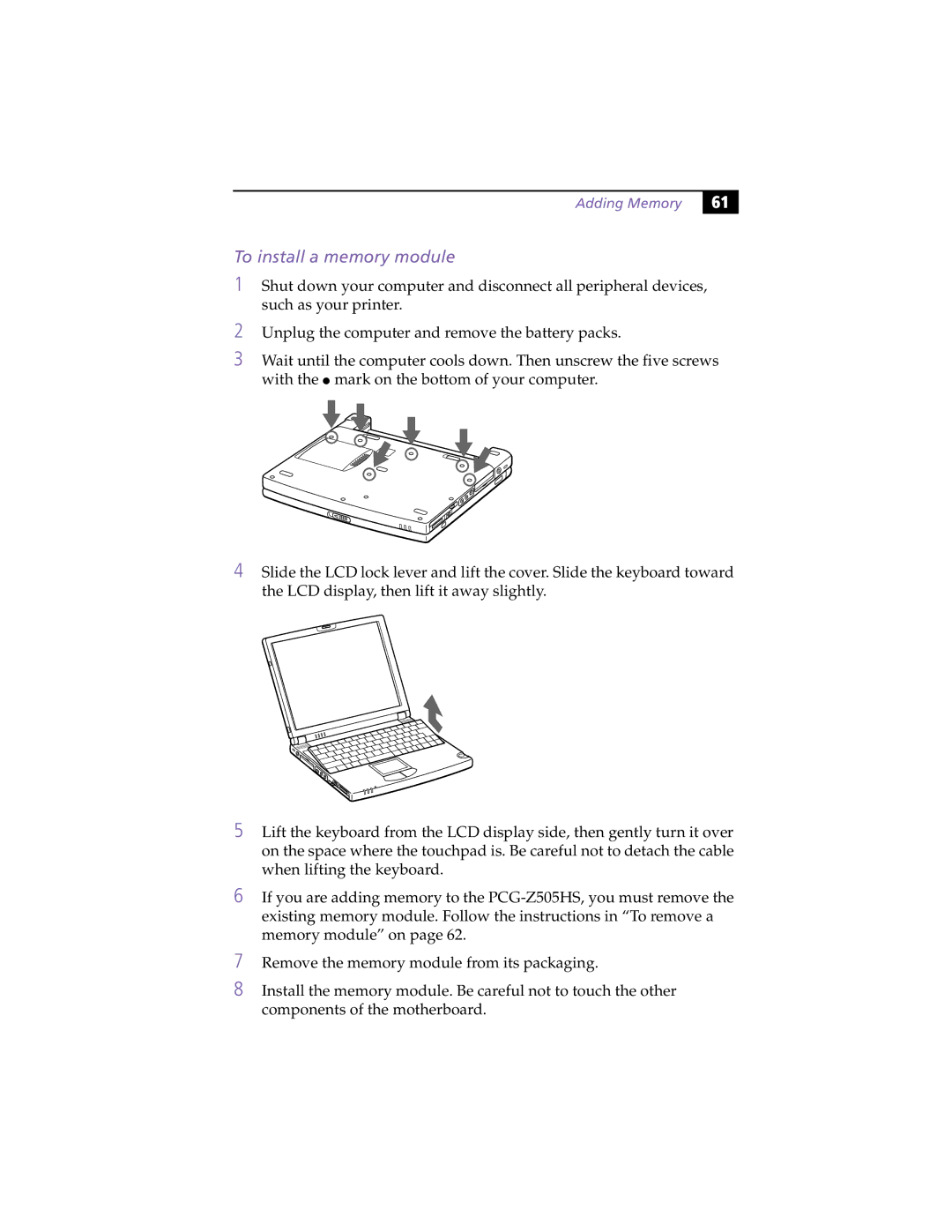 Sony PCG-Z505HE, PCG-Z505HS manual To install a memory module, Adding Memory 