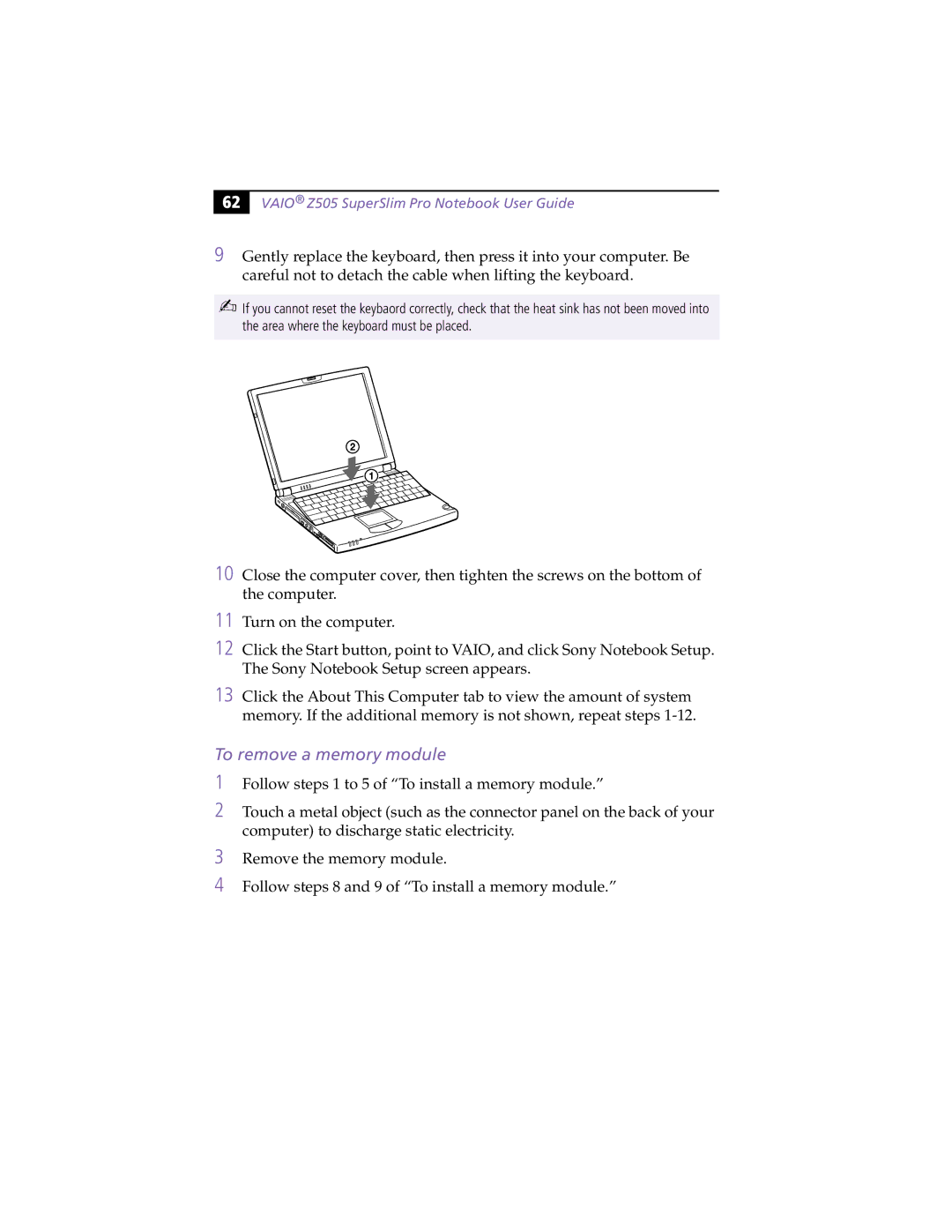 Sony PCG-Z505HE, PCG-Z505HS manual To remove a memory module 