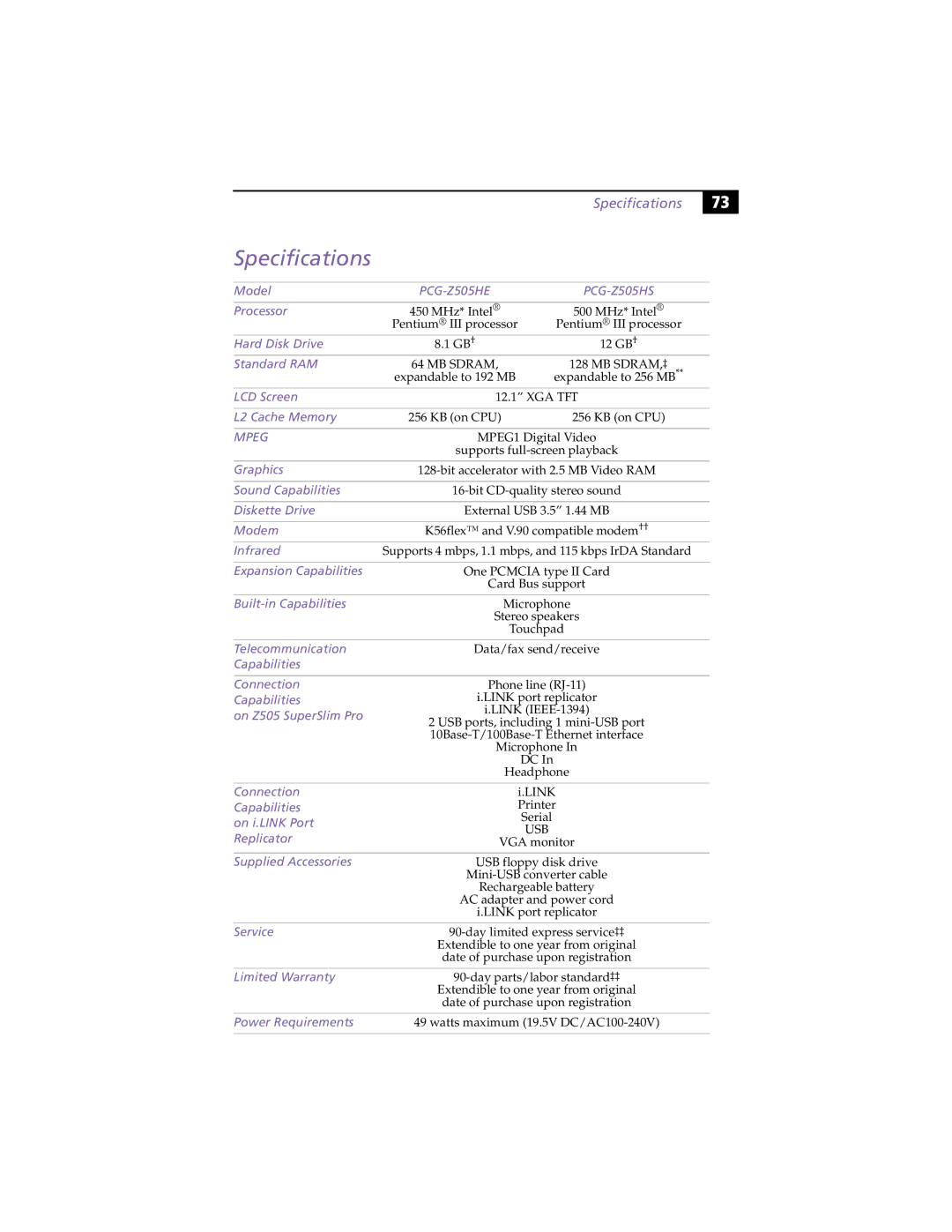 Sony PCG-Z505HE, PCG-Z505HS manual Specifications 