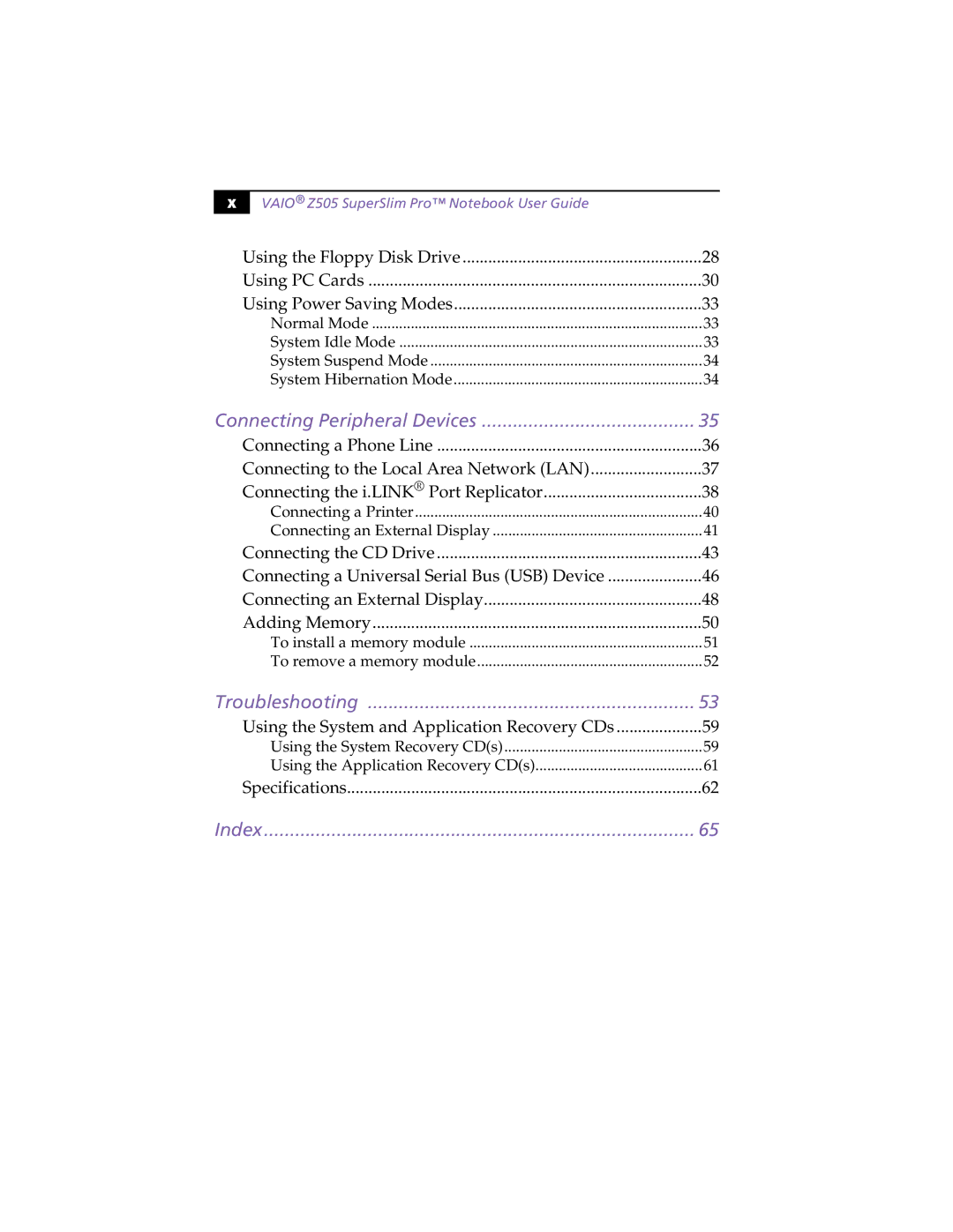 Sony PCG-Z505HSK manual Index 