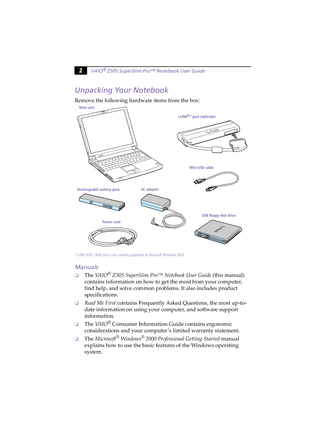 Sony PCG-Z505HSK manual Unpacking Your Notebook, Manuals, Vaio Z505 SuperSlim Pro Notebook User Guide 