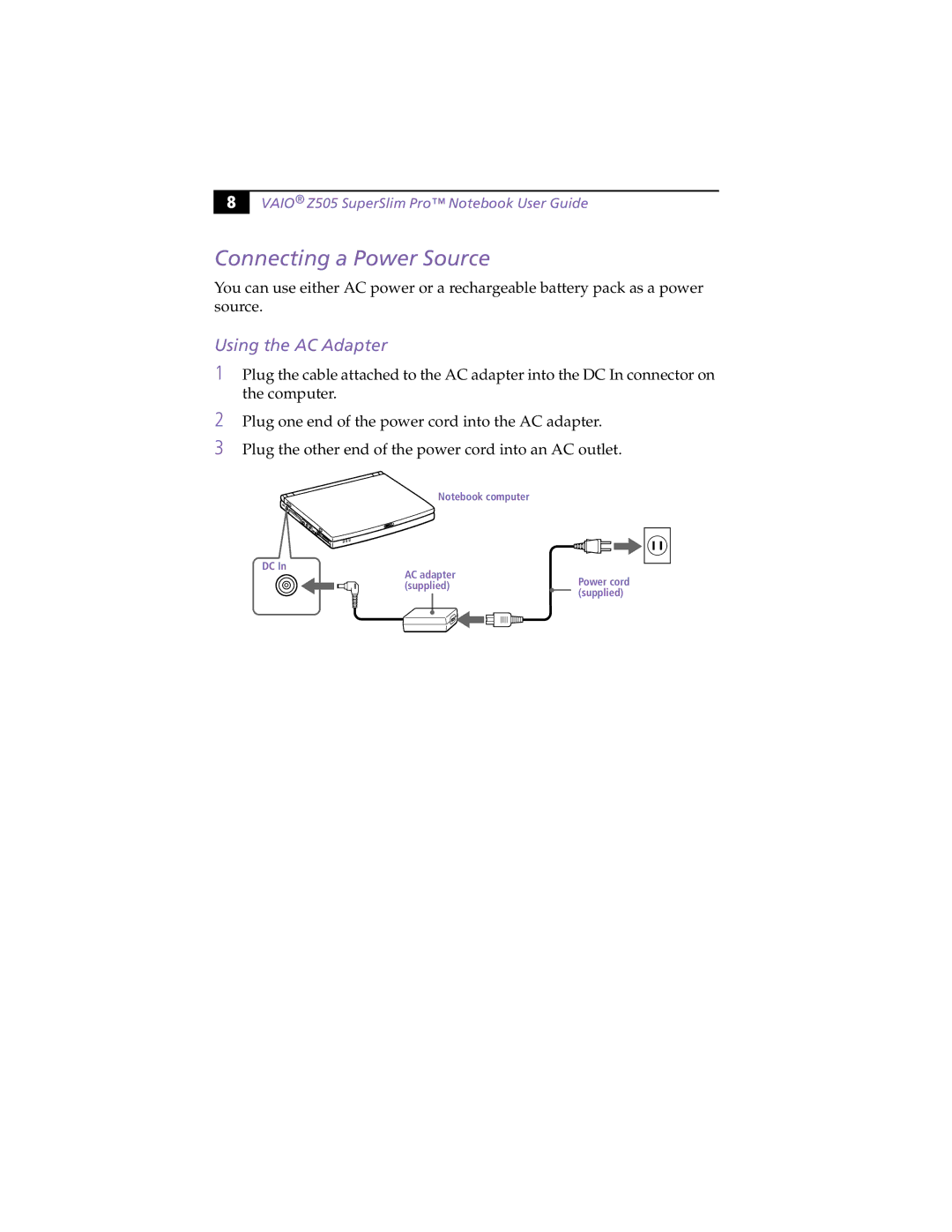 Sony PCG-Z505HSK manual Connecting a Power Source, Using the AC Adapter 