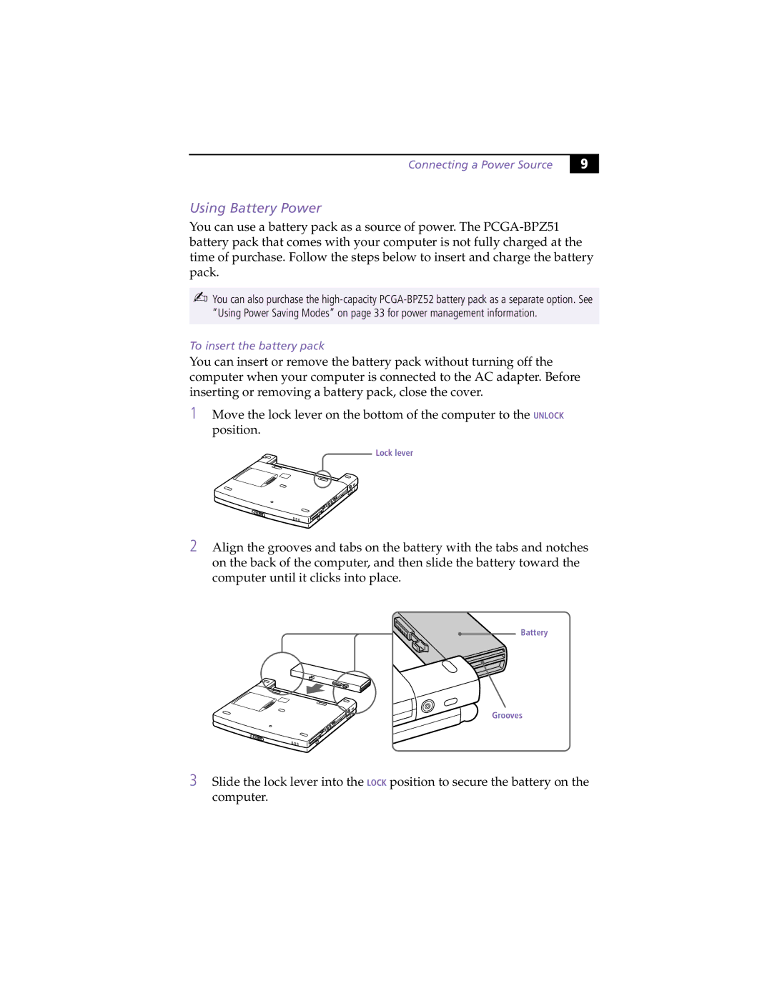 Sony PCG-Z505HSK manual Using Battery Power, Connecting a Power Source, To insert the battery pack 