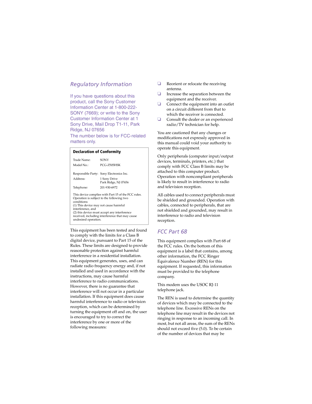 Sony PCG-Z505HSK manual Regulatory Information 