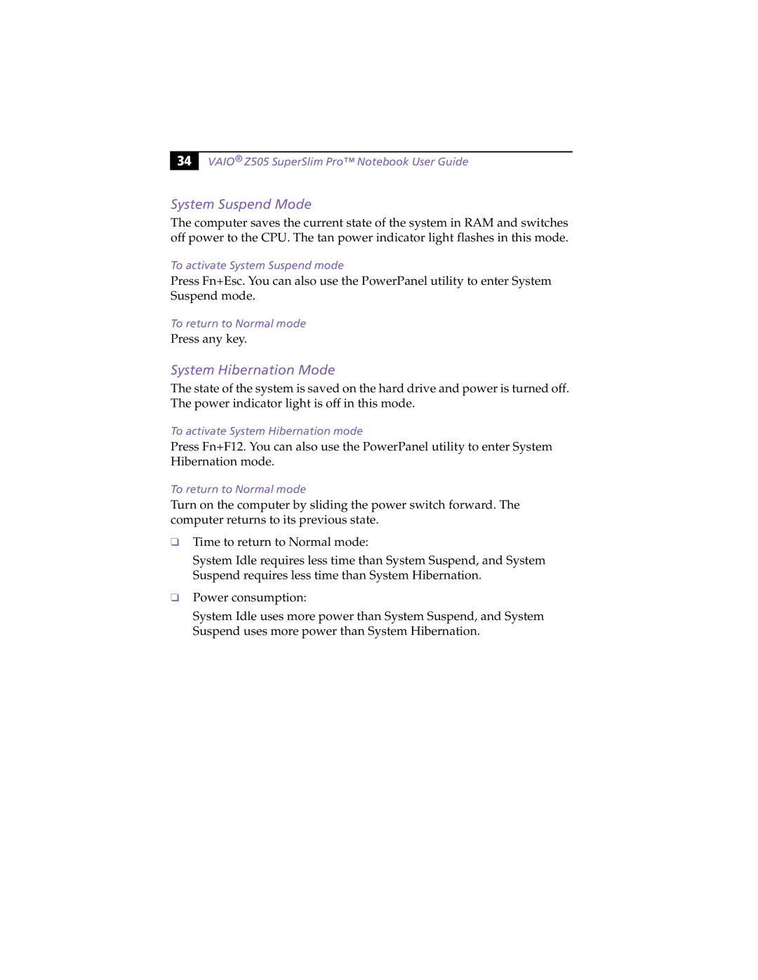 Sony PCG-Z505HSK manual System Suspend Mode, System Hibernation Mode, To activate System Suspend mode 