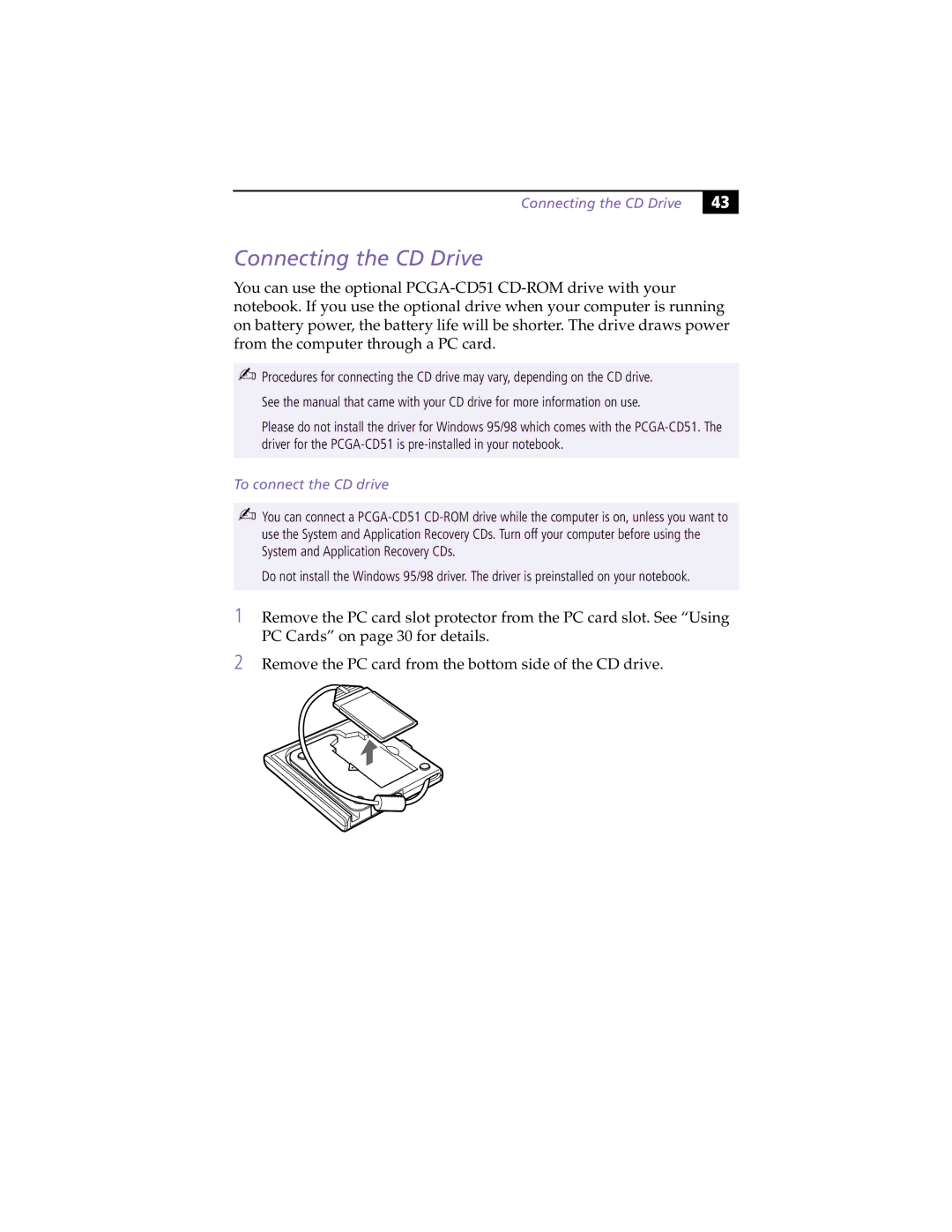 Sony PCG-Z505HSK manual Connecting the CD Drive, To connect the CD drive 