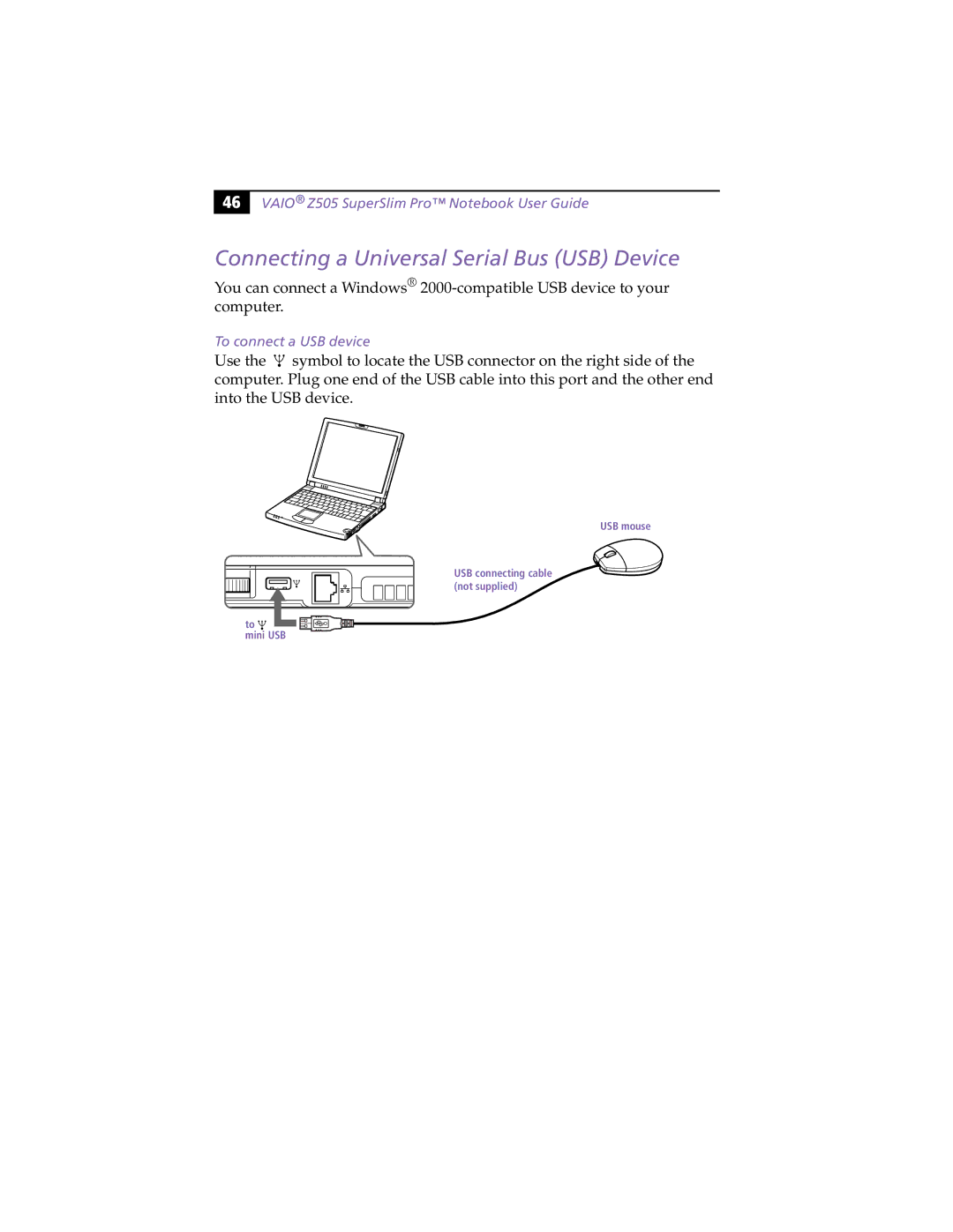 Sony PCG-Z505HSK manual Connecting a Universal Serial Bus USB Device, To connect a USB device 