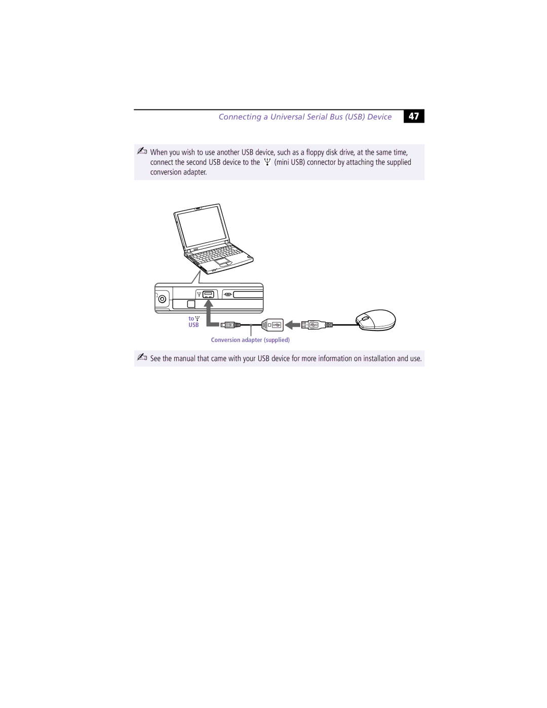 Sony PCG-Z505HSK manual Connecting a Universal Serial Bus USB Device 