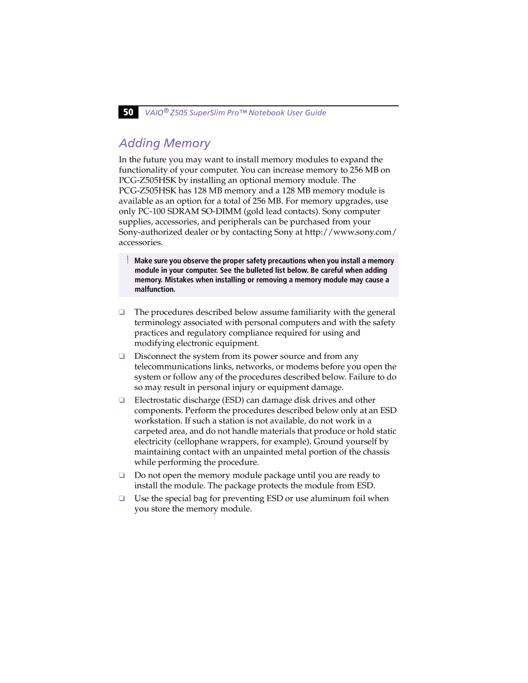 Sony PCG-Z505HSK manual Adding Memory 