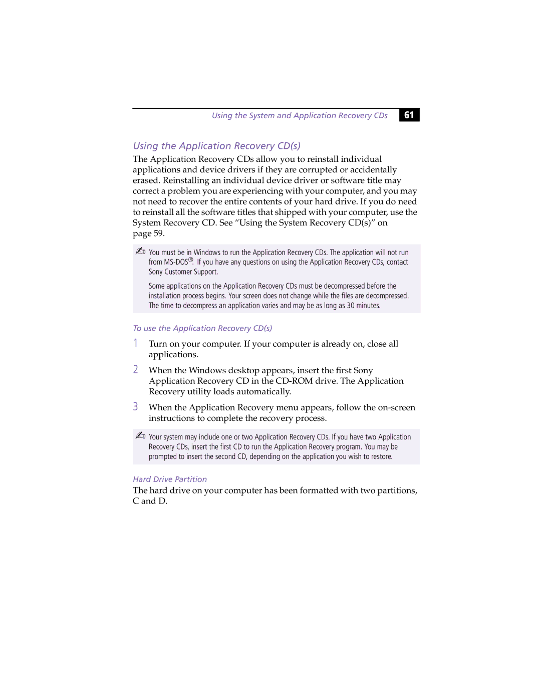 Sony PCG-Z505HSK manual Using the Application Recovery CDs, To use the Application Recovery CDs, Hard Drive Partition 