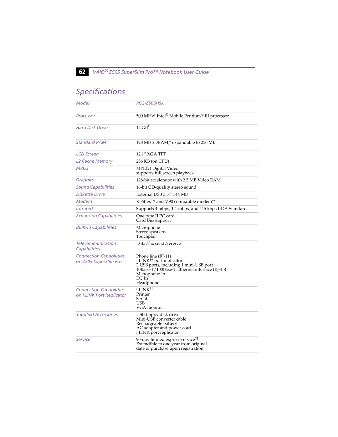 Sony PCG-Z505HSK manual Specifications 