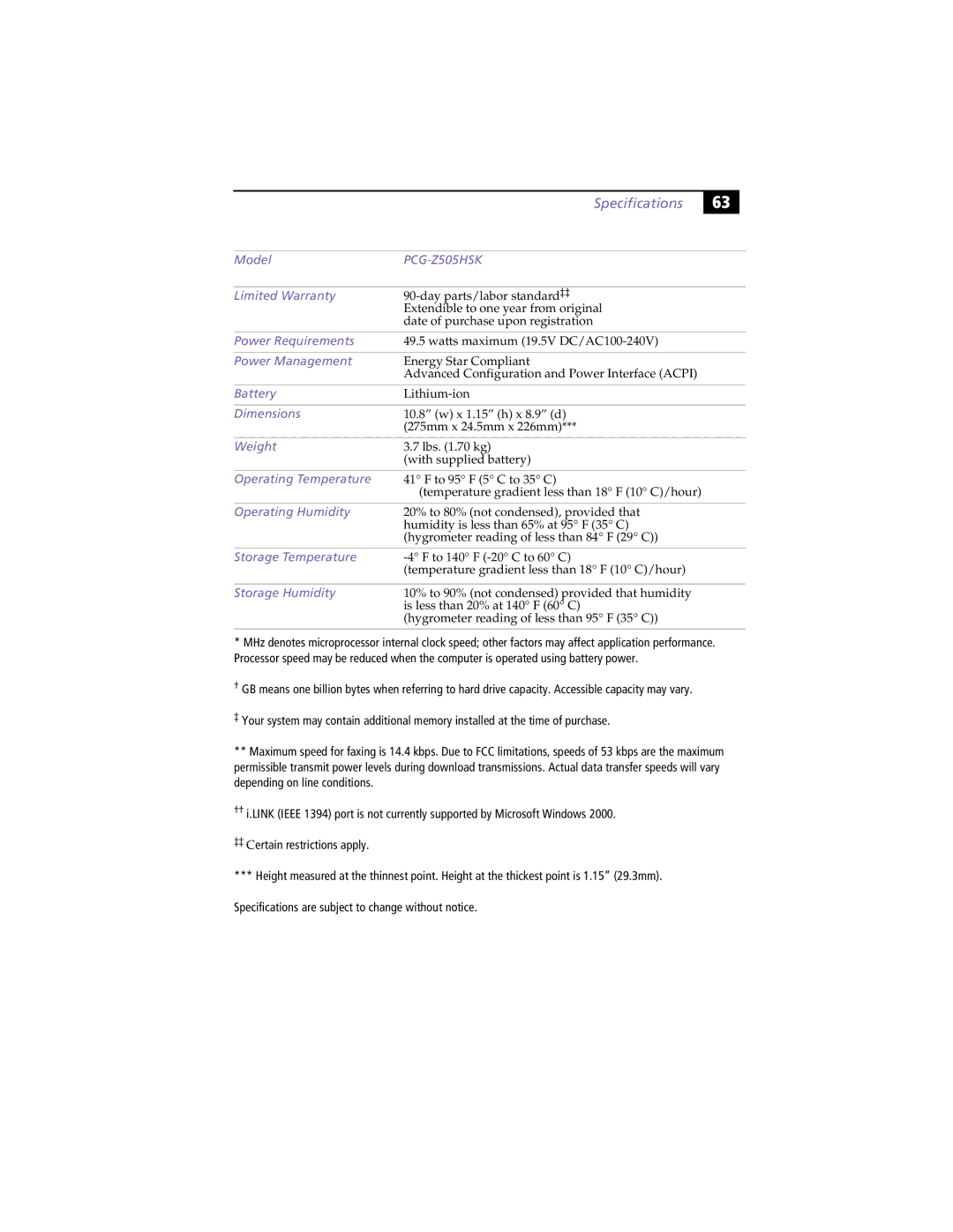 Sony PCG-Z505HSK manual Specifications, Limited Warranty 