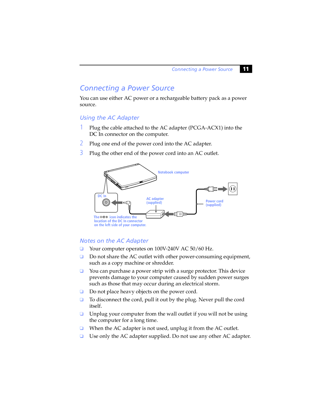 Sony PCG-Z505JSK, PCG-Z505JEK manual Connecting a Power Source, Using the AC Adapter 