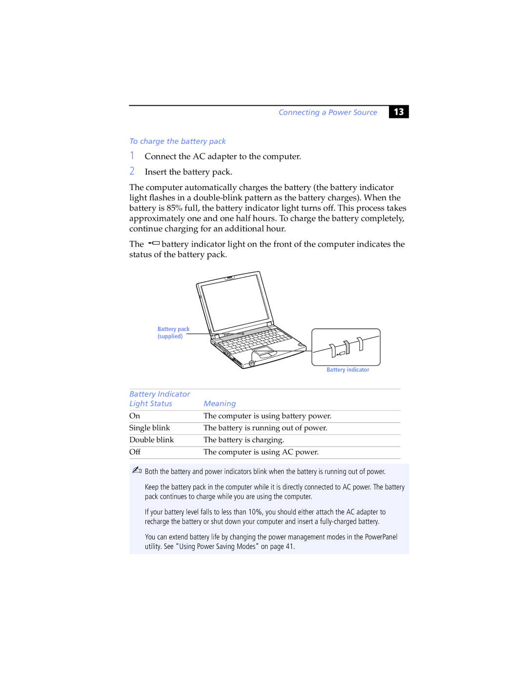 Sony PCG-Z505JEK, PCG-Z505JSK Connecting a Power Source To charge the battery pack, Battery Indicator Light Status Meaning 