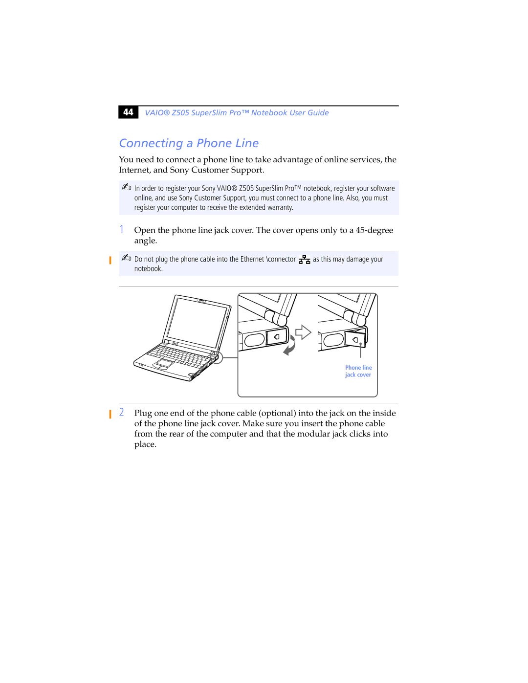 Sony PCG-Z505JSK, PCG-Z505JEK manual Connecting a Phone Line 