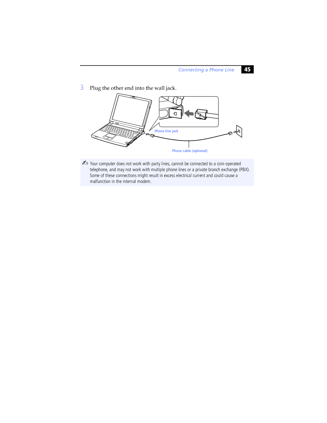 Sony PCG-Z505JEK, PCG-Z505JSK manual Plug the other end into the wall jack, Connecting a Phone Line 