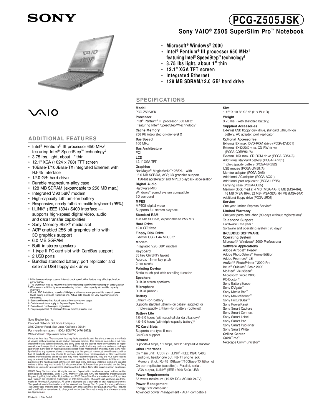 Sony PCG-Z505JSK specifications Lcd, Mpeg 