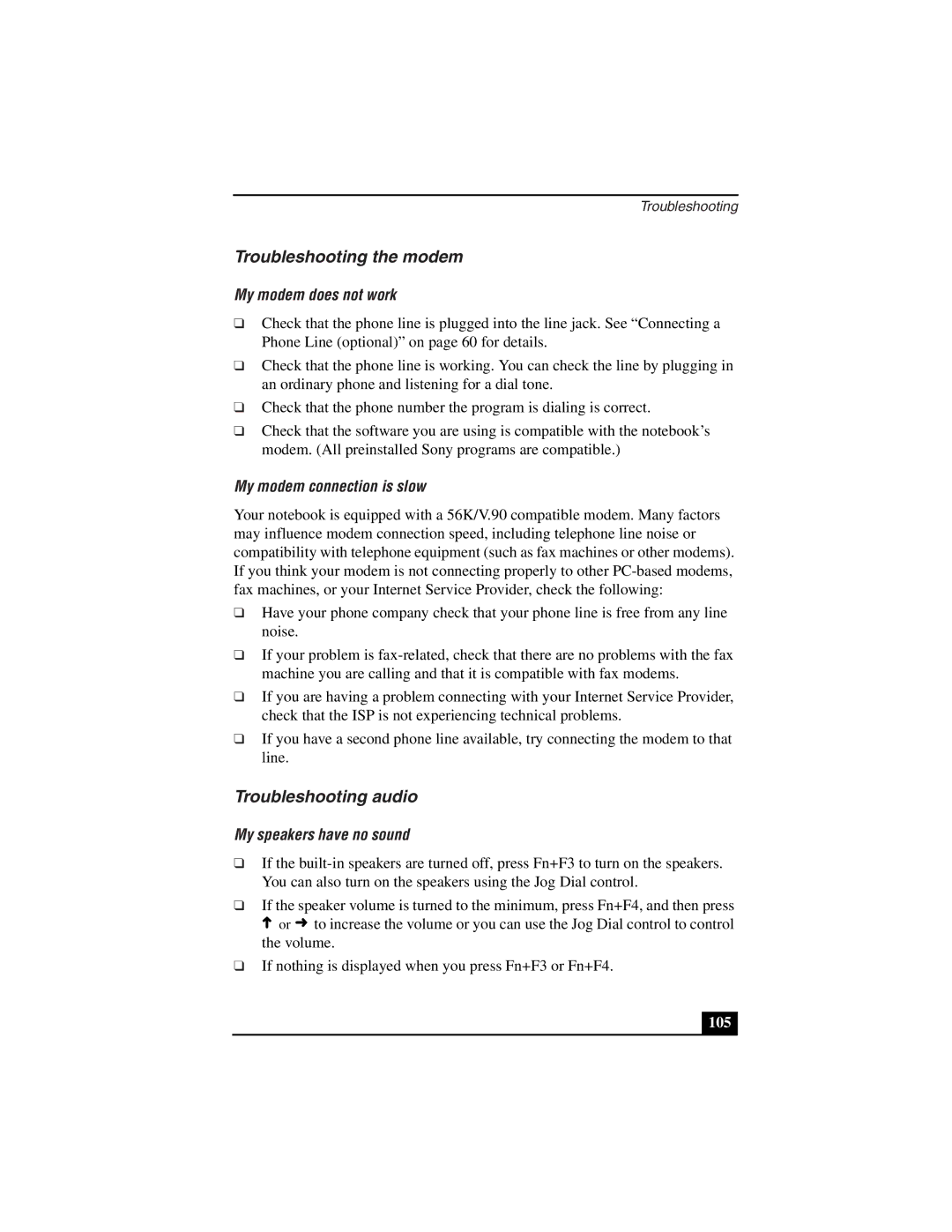 Sony PCG-Z505LSK Troubleshooting the modem, Troubleshooting audio, My modem does not work, My modem connection is slow 