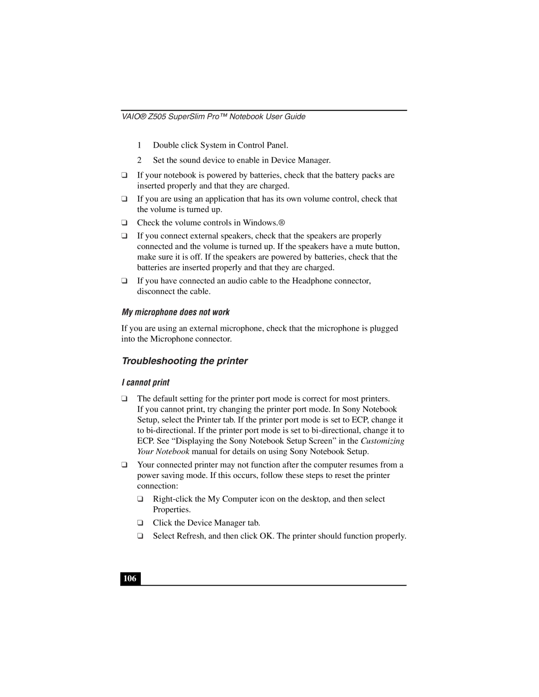 Sony PCG-Z505LEK, PCG-Z505LSK manual Troubleshooting the printer, My microphone does not work, Cannot print 