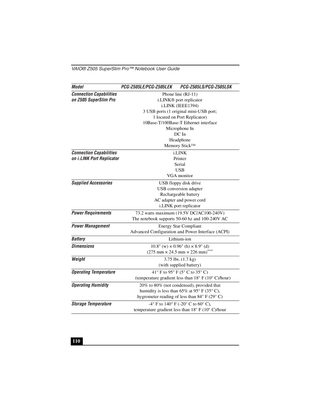 Sony PCG-Z505LEK, PCG-Z505LS manual Supplied Accessories, Power Requirements, Power Management, Battery, Dimensions, Weight 