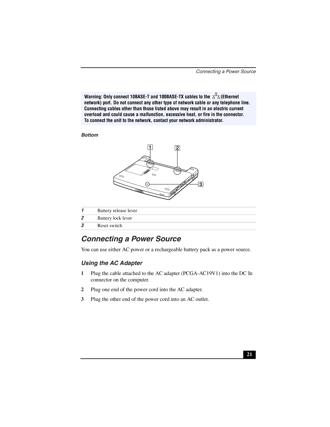 Sony PCG-Z505LSK, PCG-Z505LEK manual Connecting a Power Source, Using the AC Adapter, Bottom 