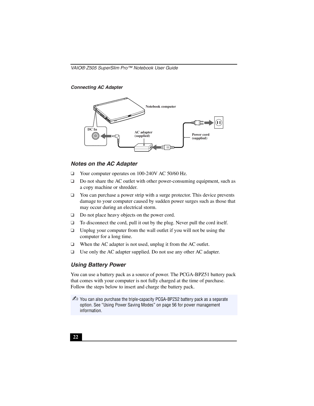 Sony PCG-Z505LEK, PCG-Z505LSK manual Using Battery Power, Connecting AC Adapter 