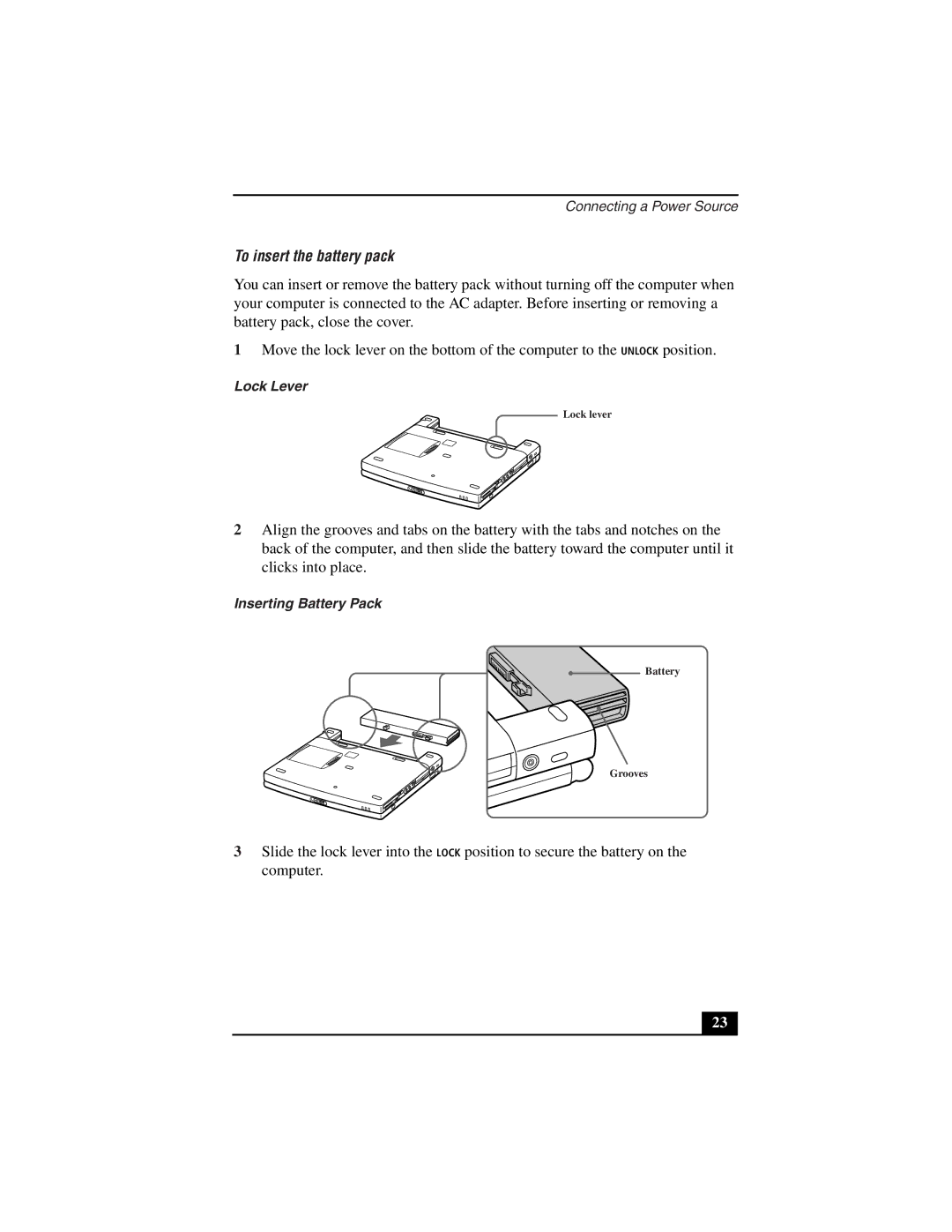 Sony PCG-Z505LSK, PCG-Z505LEK manual To insert the battery pack, Lock Lever, Inserting Battery Pack 