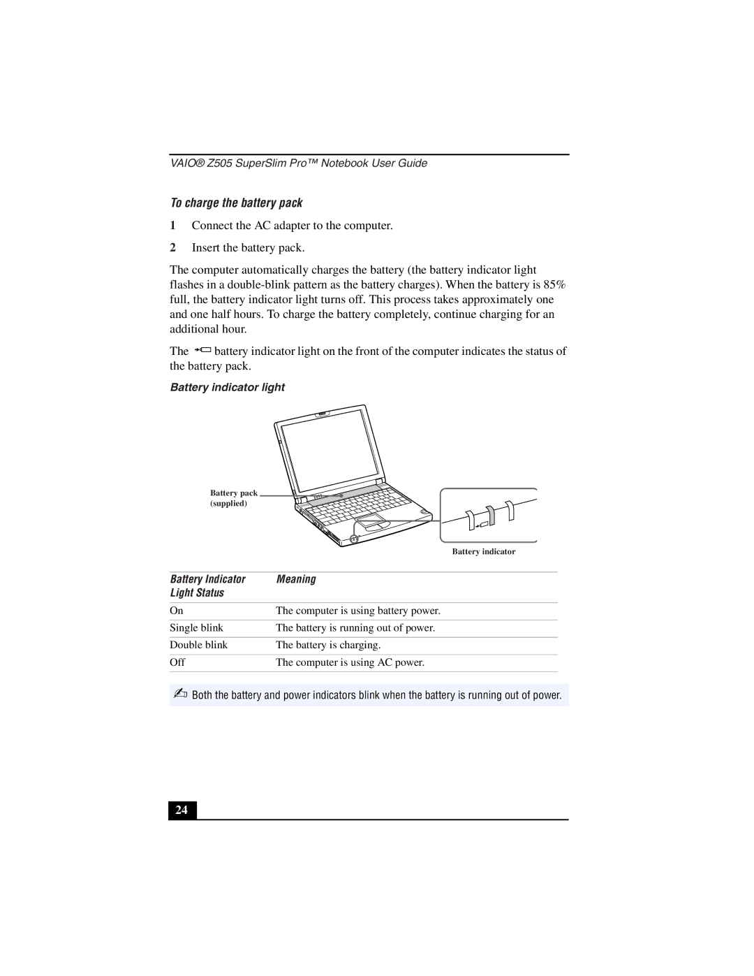 Sony PCG-Z505LS, PCG-Z505LE To charge the battery pack, Battery indicator light, Battery Indicator Meaning Light Status 